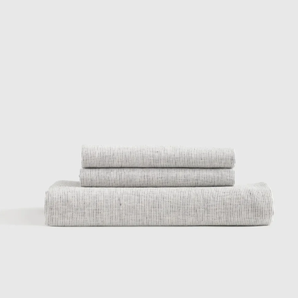 Quince 100% Linen Mini Pin Striped Fitted Sheet & 2 Pillowcase! Queen (659)